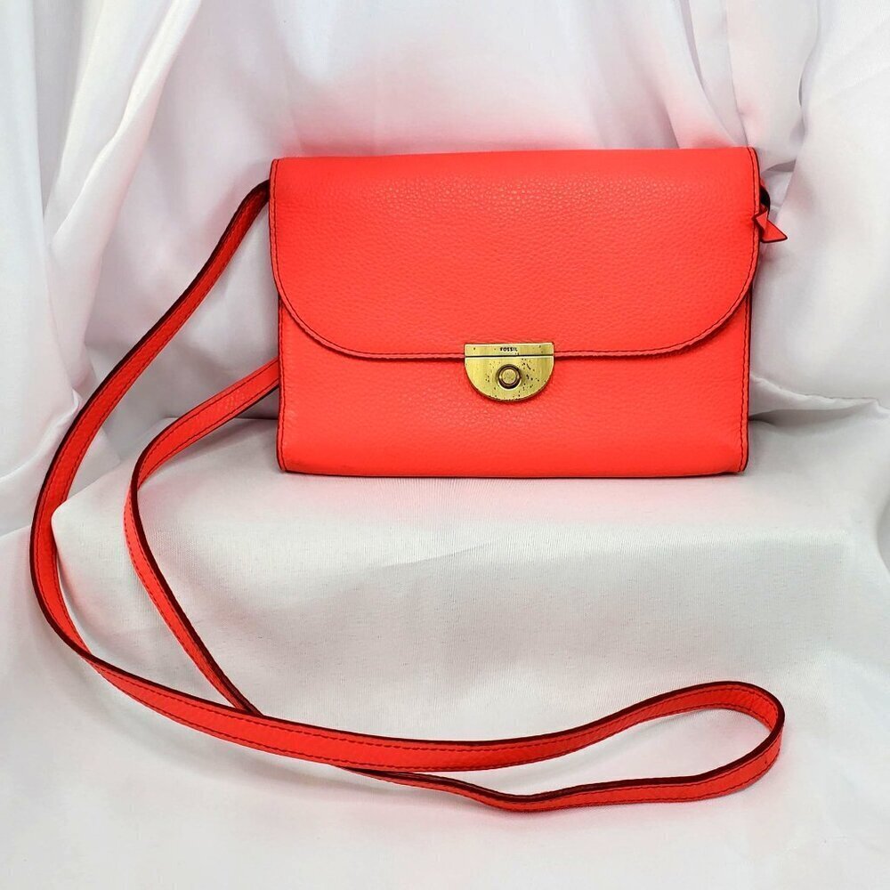 Fossil Margot Crossbody Coral Leather Bag With Adjustable Strap & Gold Hardware